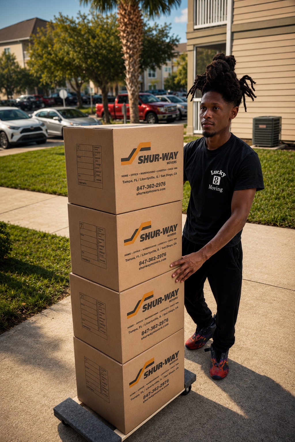 Lucky 8 Moving crew member wheeling a stack of boxes on a dolly outside an apartment