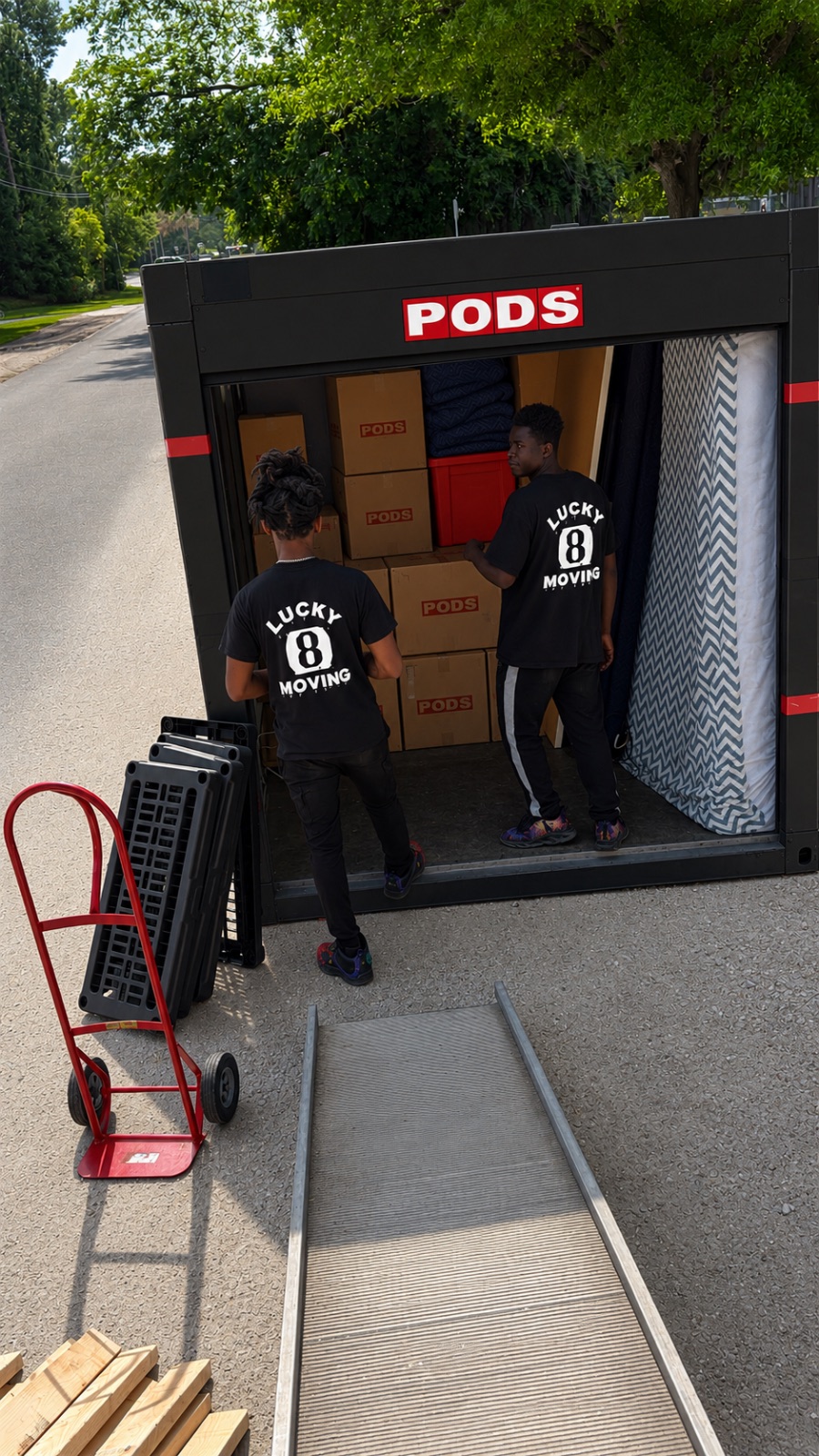 Lucky 8 Moving crew loading a PODS container up the ramp