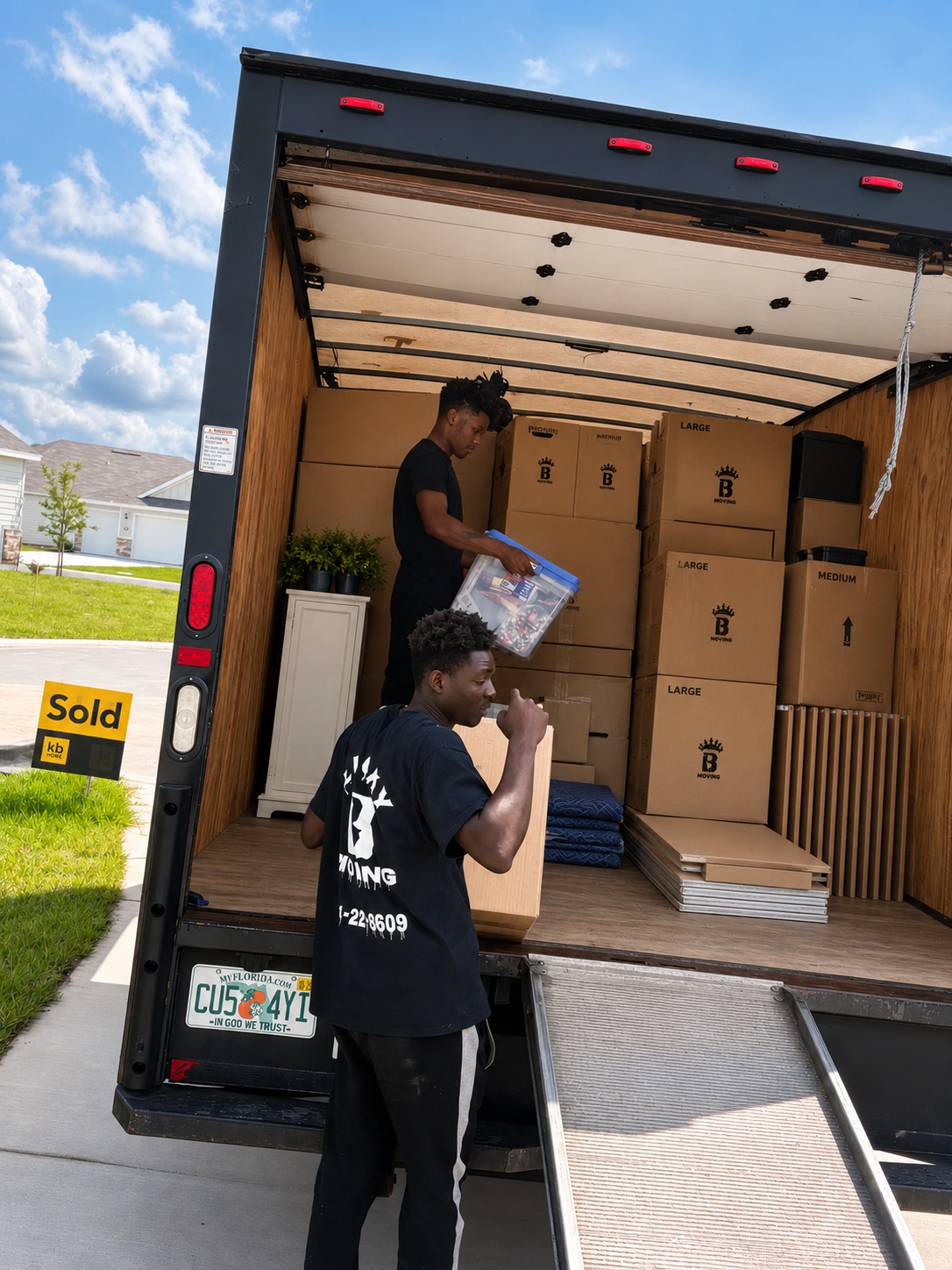 Lucky 8 Moving crew loading boxes into the truck on a sold home's driveway