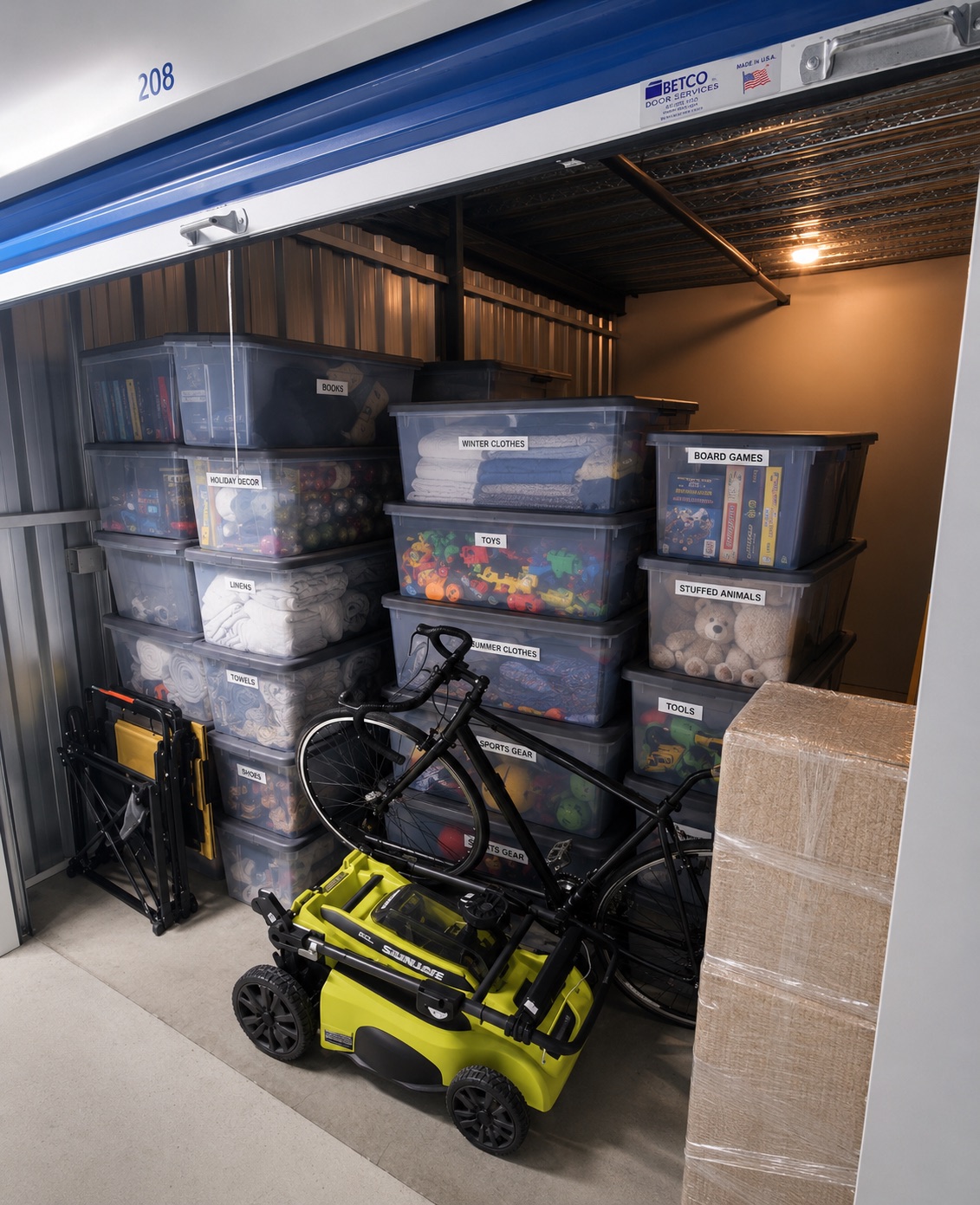 Neatly organized storage unit with clearly labeled bins, stacked and sorted by Lucky 8 Moving