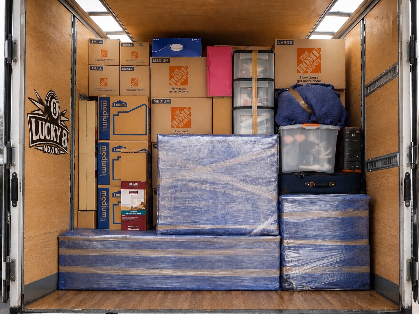 Neatly loaded Lucky 8 Moving truck packed with wrapped furniture and labeled boxes